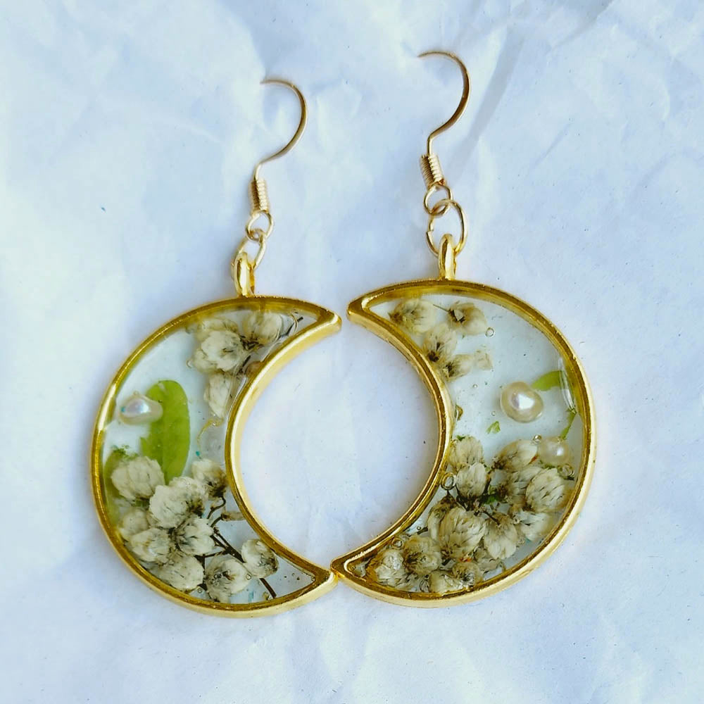 Crescent Moon Earrings With Flowers