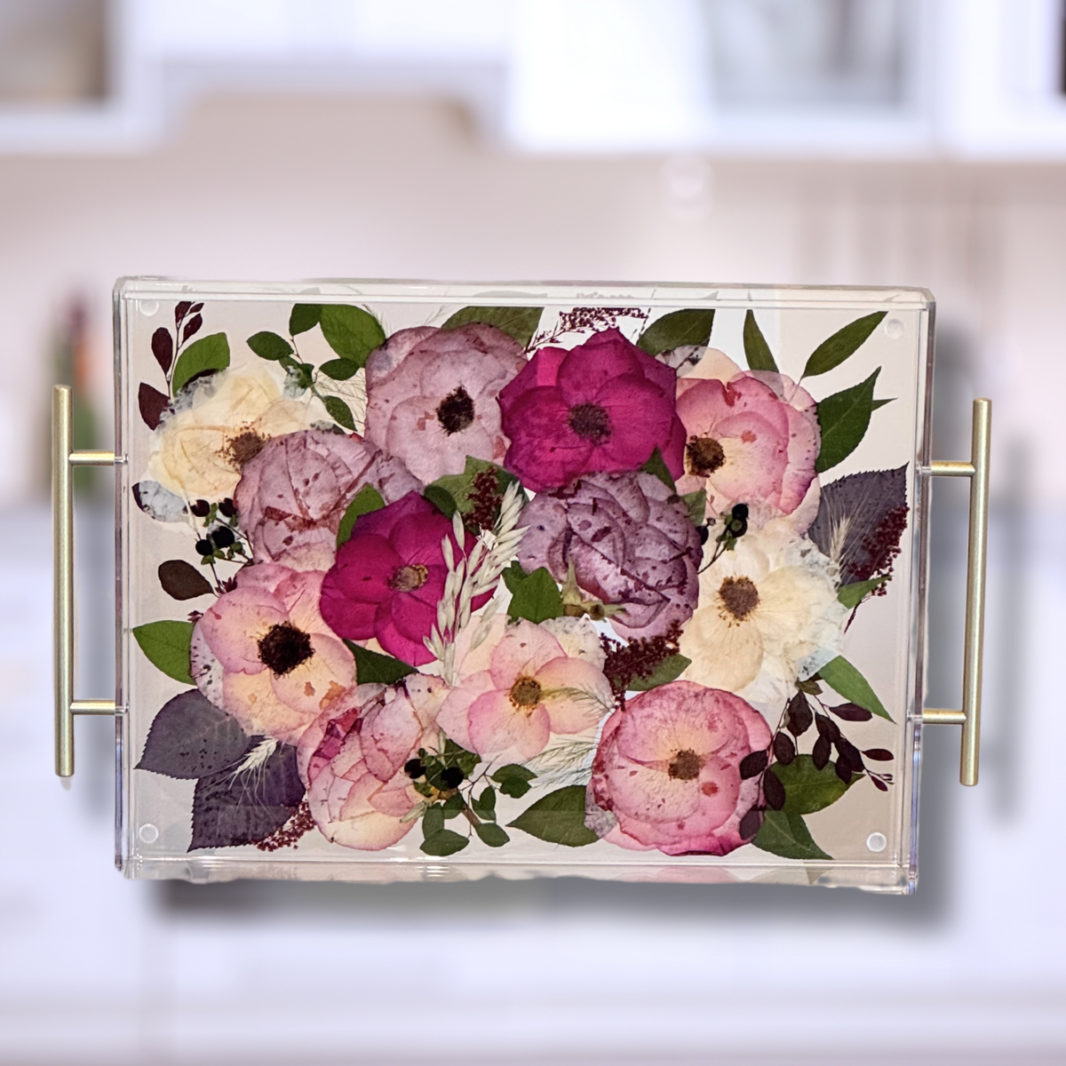 12&quot; x 16&quot; pressed flower acrylic tray with pink, purple, and white flowers preserved under resin