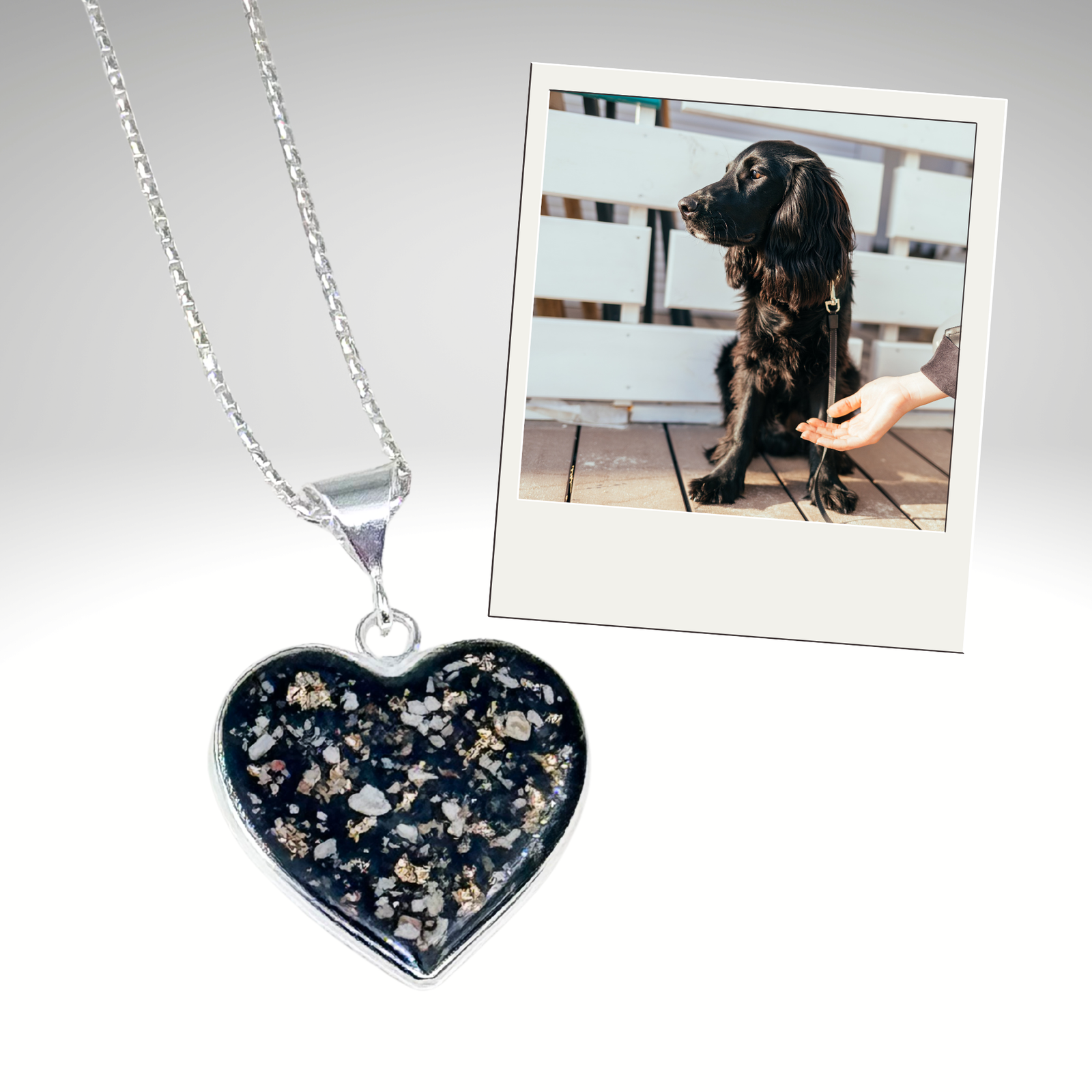 Heart-shaped sterling silver pet memorial ash pendant shown with black dog, symbolizing love and remembrance.