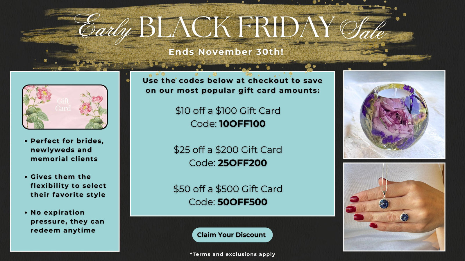 Black Friday sale advertisement with gift card discount codes on a black background.