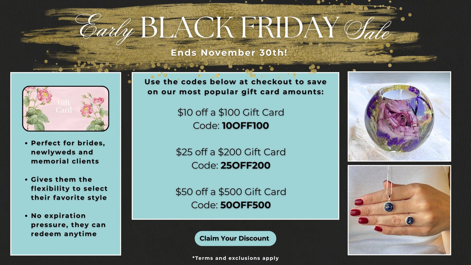 Black Friday sale advertisement with gift card discount codes on a black background.