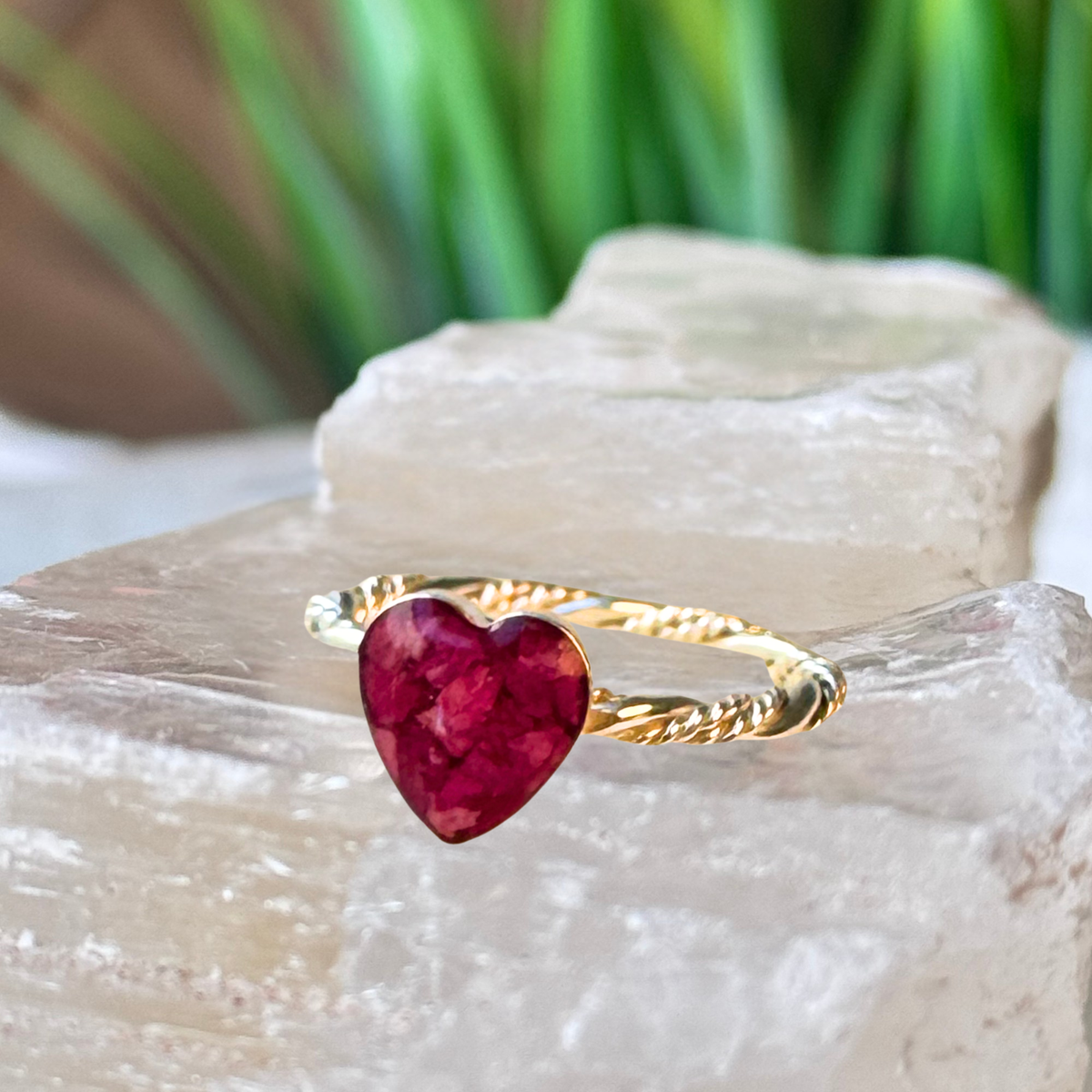 Beloved Heart Keepsake Ring handcrafted in sterling silver with an 8mm heart-shaped setting made from preserved flowers or cremation ashes.
