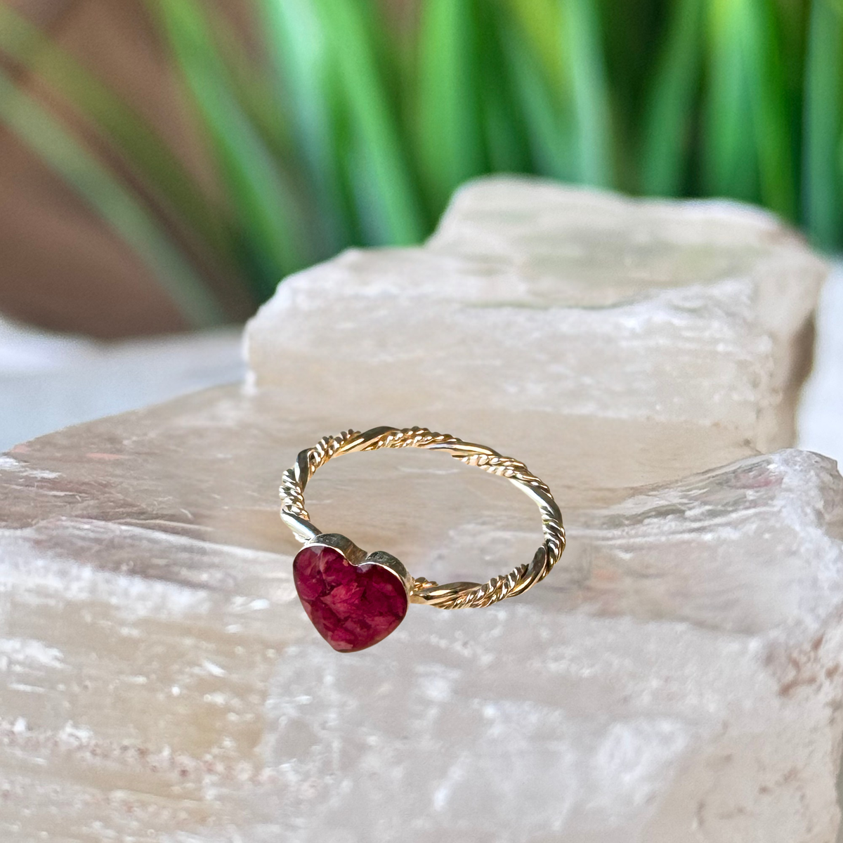 Beloved Heart Keepsake Ring featuring an 8mm heart-shaped setting handcrafted from preserved flowers and an elegant triple-twist sterling silver band.