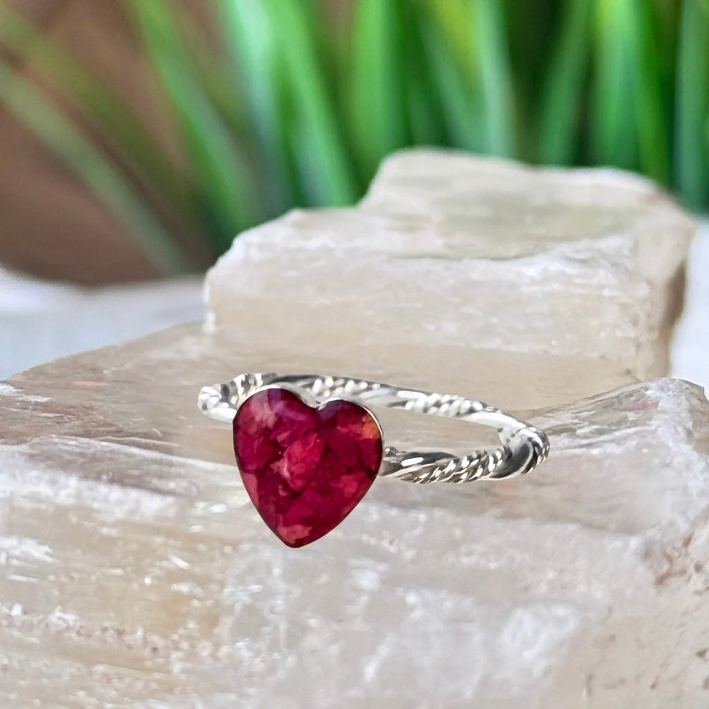Beloved Heart Keepsake Ring handcrafted in sterling silver with an 8mm heart-shaped setting made from preserved flowers or cremation ashes.