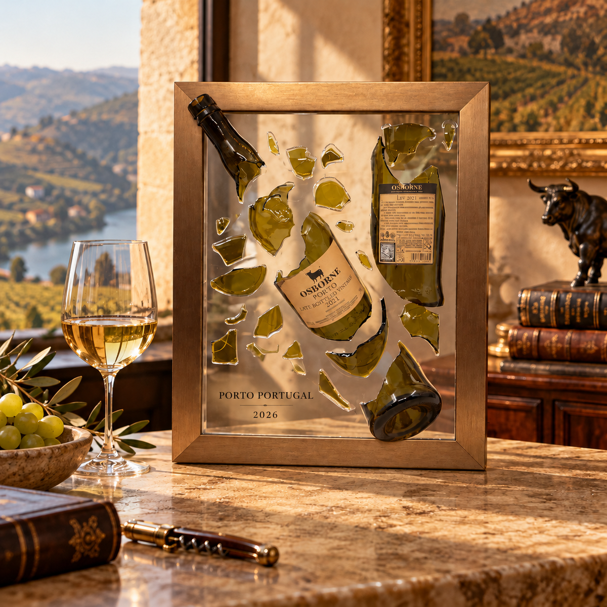 Custom framed port wine bottle art featuring shattered glass, preserved original labels, and decorative glass fragments mounted on floating glass. A unique handcrafted keepsake by Flowers Forever.