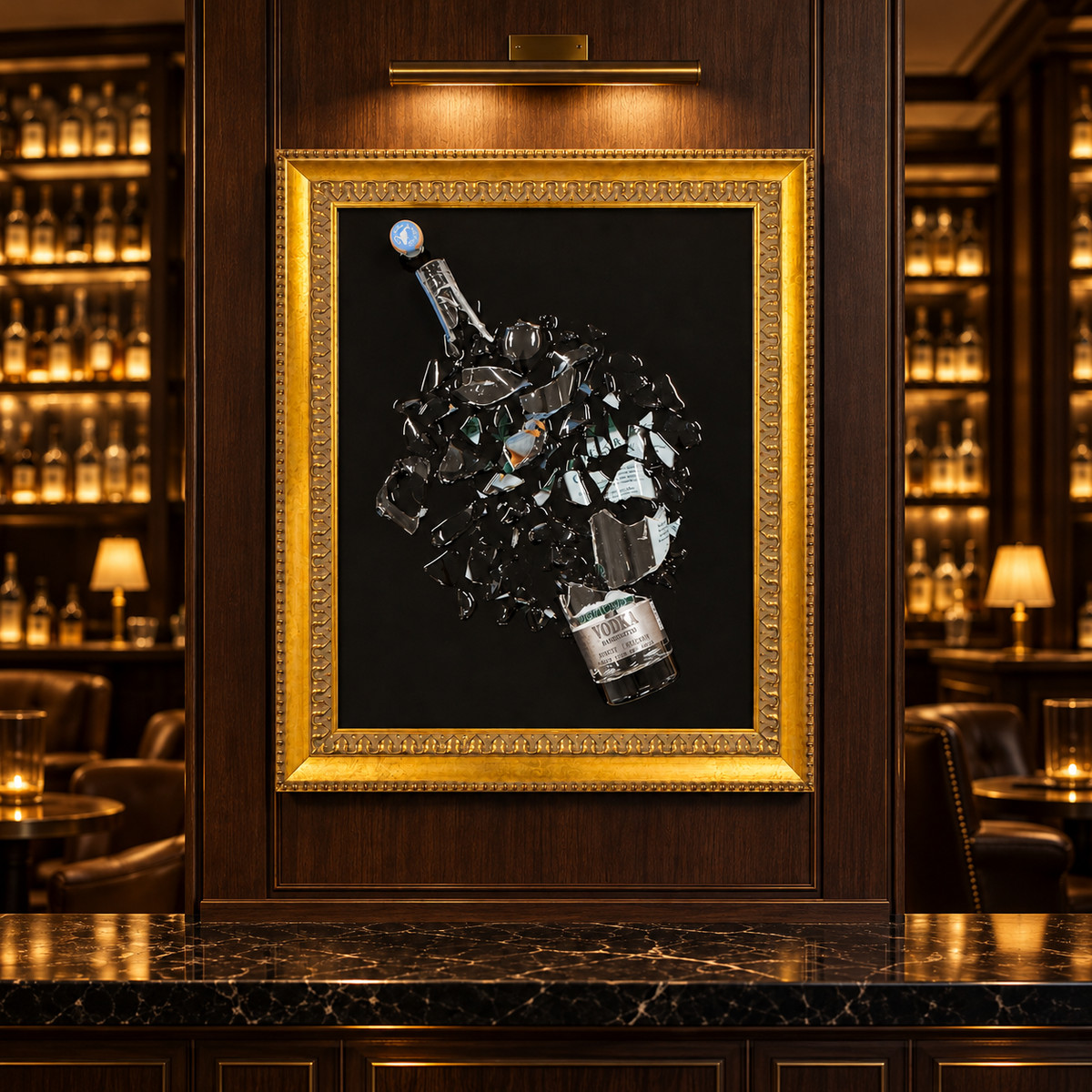 Luxury custom bottle artwork featuring shattered glass, preserved bottle labels, a black background, and an ornate gold frame, designed as personalized home bar décor by Flowers Forever.