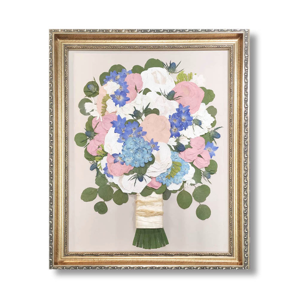 16x20 framed pressed flower keepsake featuring a bride’s cherished wedding bouquet.