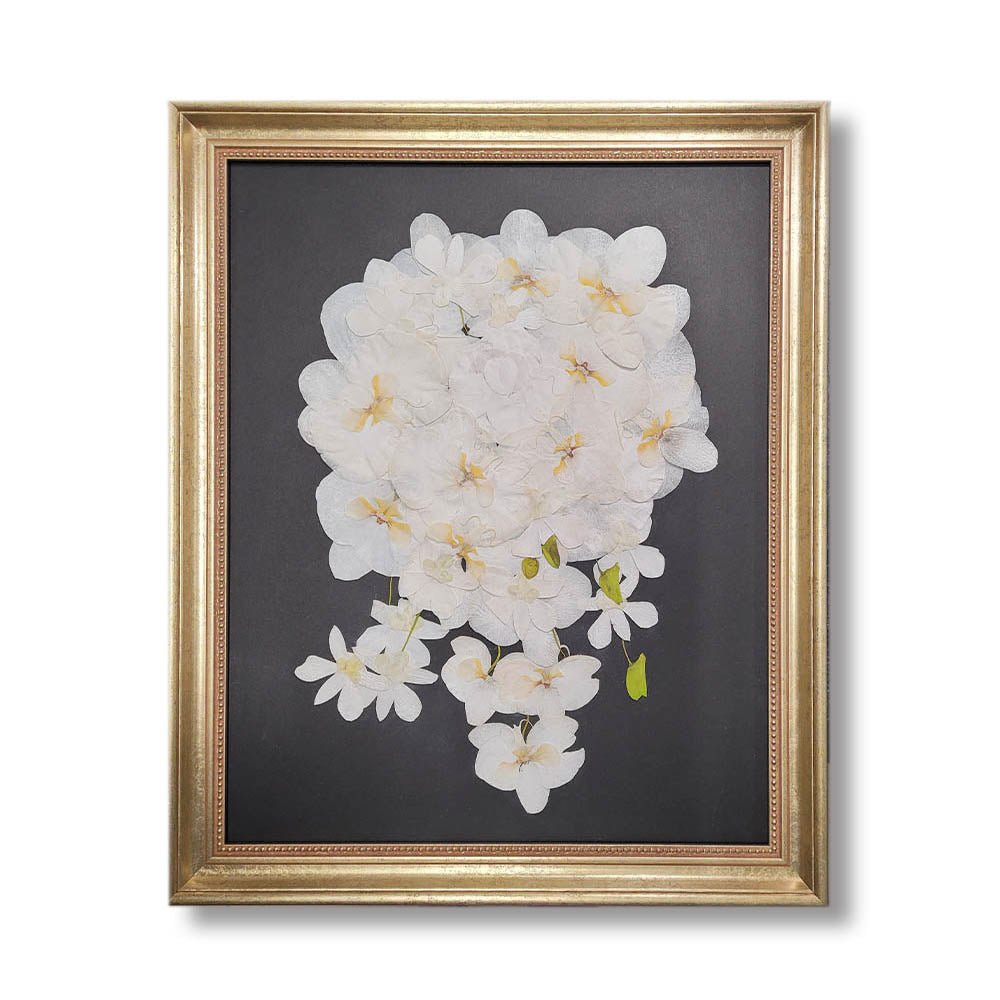 Beautiful 16x20 pressed flower design preserving a bride’s wedding bouquet for a timeless keepsake