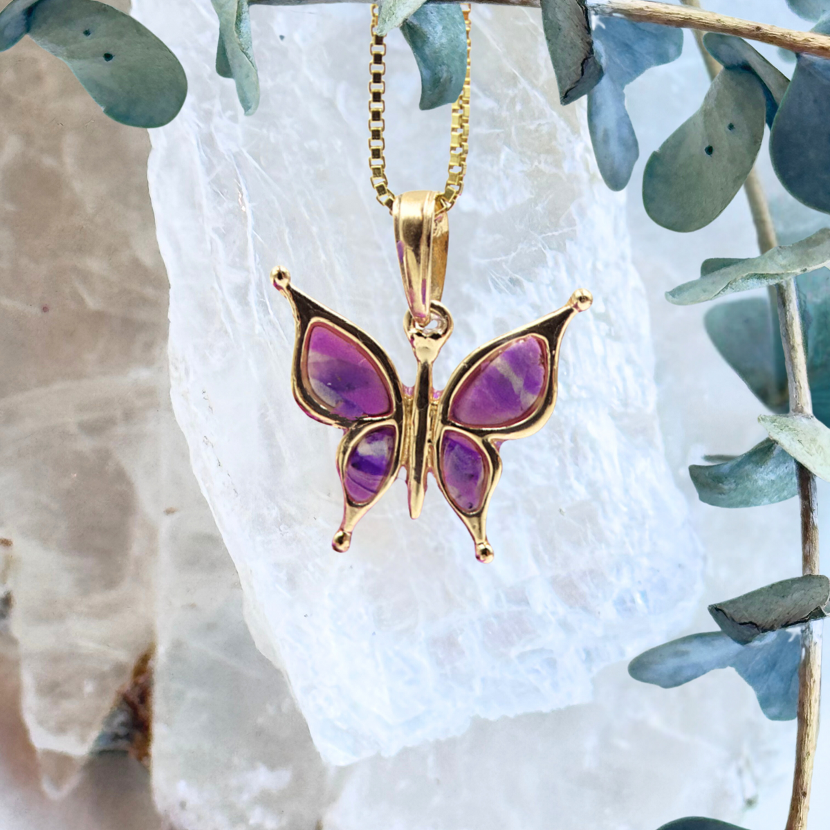 14K Gold Butterfly Memorial Pendant made with preserved funeral flowers - Front View.