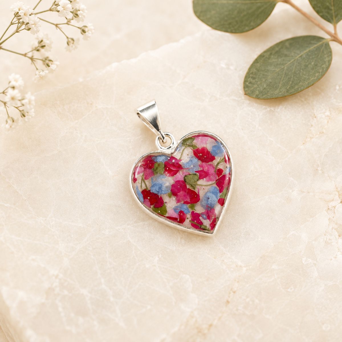 Remembrance Heart Pendant – Custom Memorial Necklace with Flowers, Ashes or Hair
