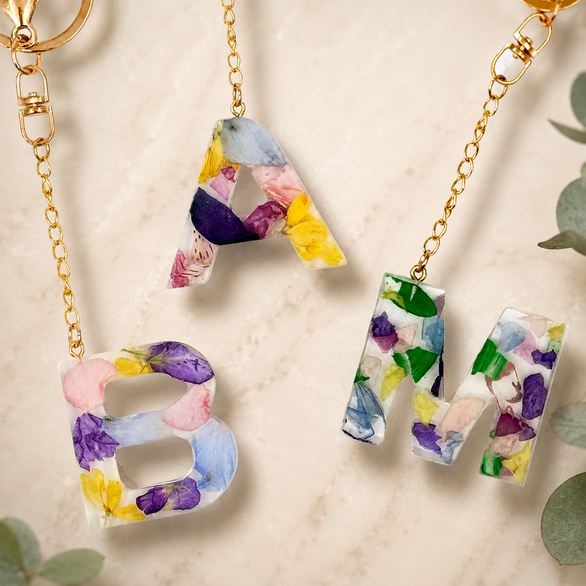 Personalized Floral Initial Keychain – Made with Your Flower Petal