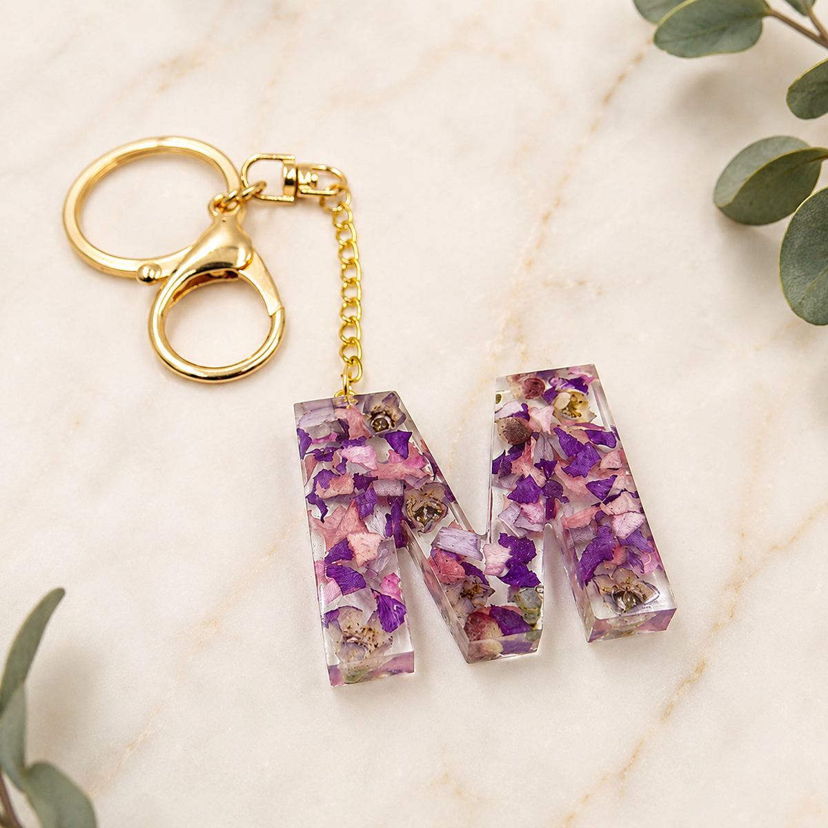 Personalized Floral Initial Keychain – Made with Your Flower Petal