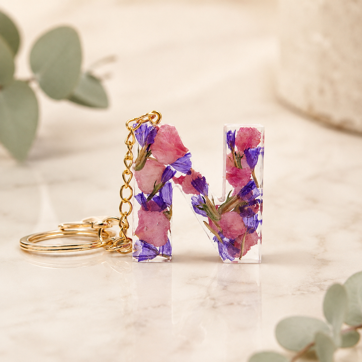 Personalized Floral Initial Keychain – Made with Your Flower Petal