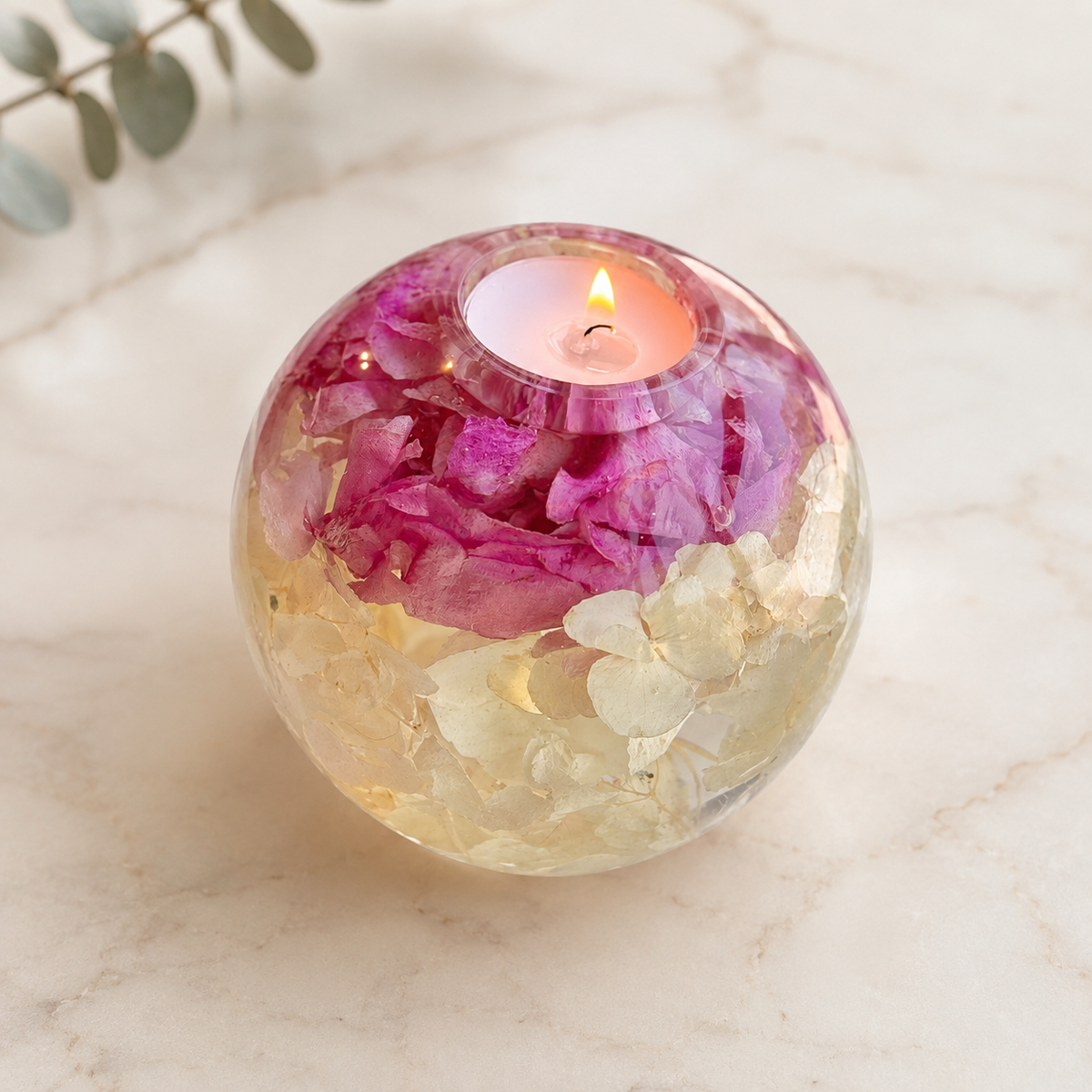 XL Floral Tealight Candle Holder – Large Resin Keepsake with Preserved Flowers
