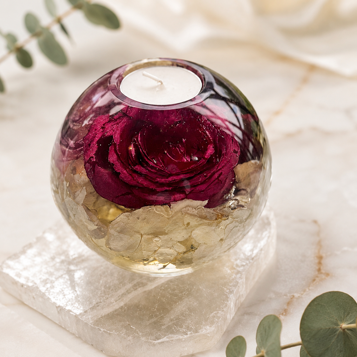 XL Floral Tealight Candle Holder – Large Resin Keepsake with Preserved Flowers