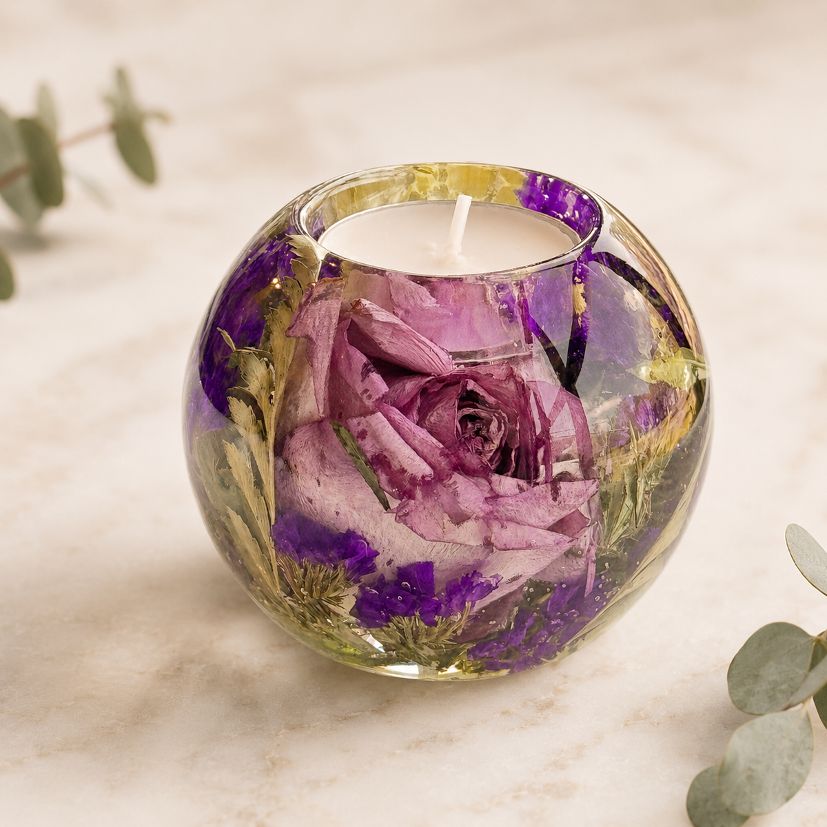 Floral Tealight Candle Holder – Resin Keepsake with Preserved Flowers