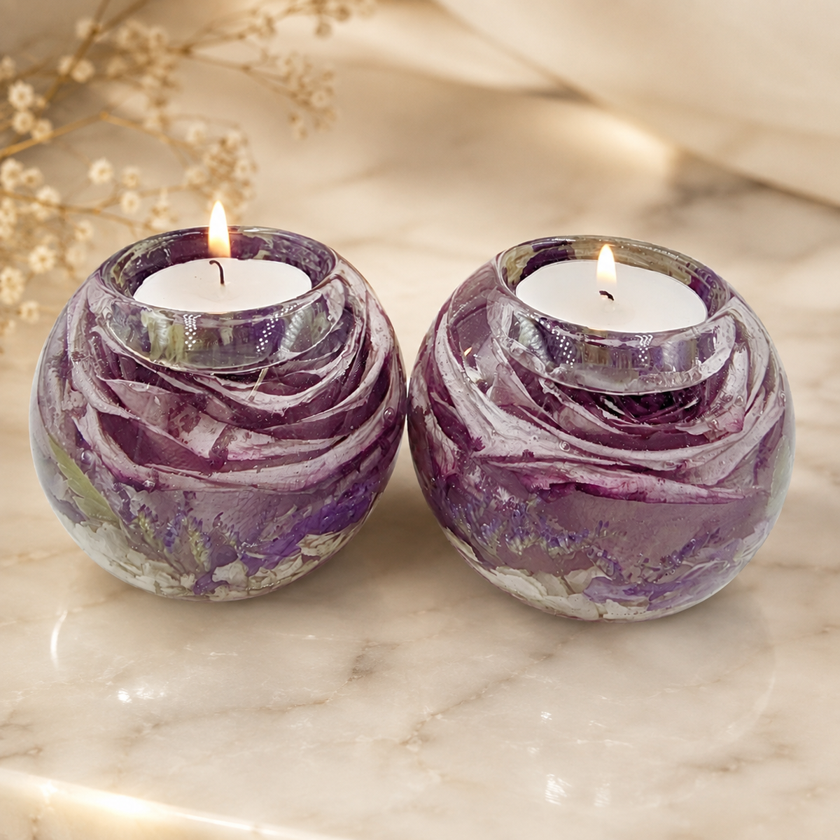 Floral Tealight Candle Holder – Resin Keepsake with Preserved Flowers