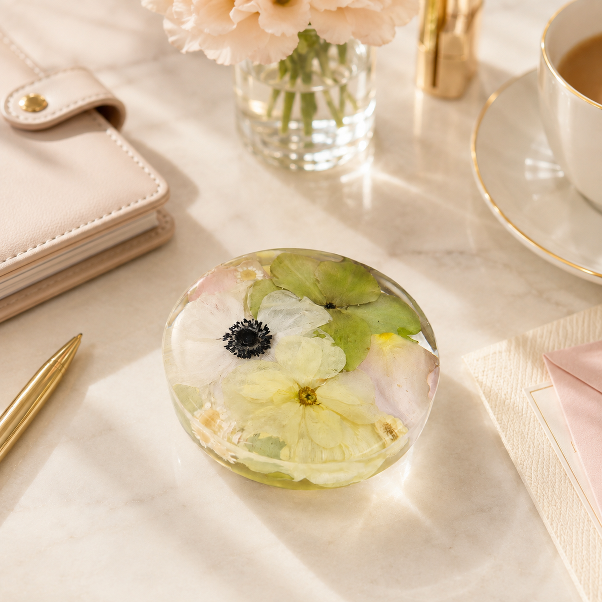 Resin Pressed Flower Round Paperweight