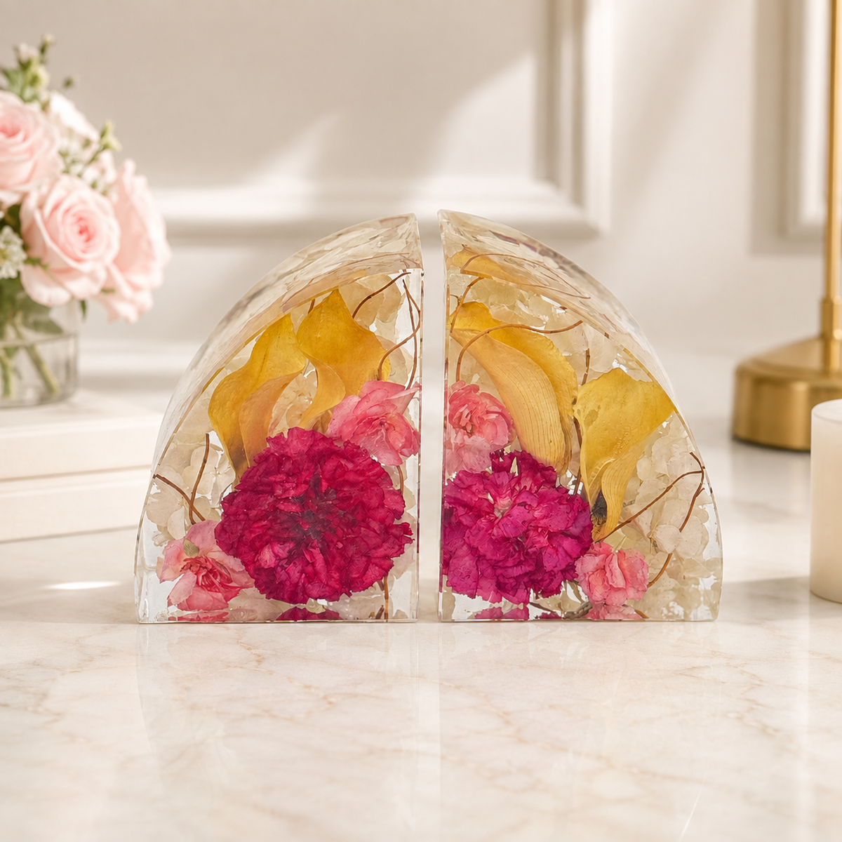 The Keepsake Hold – Resin Bookends with Funeral Flowers or Wedding Flowers