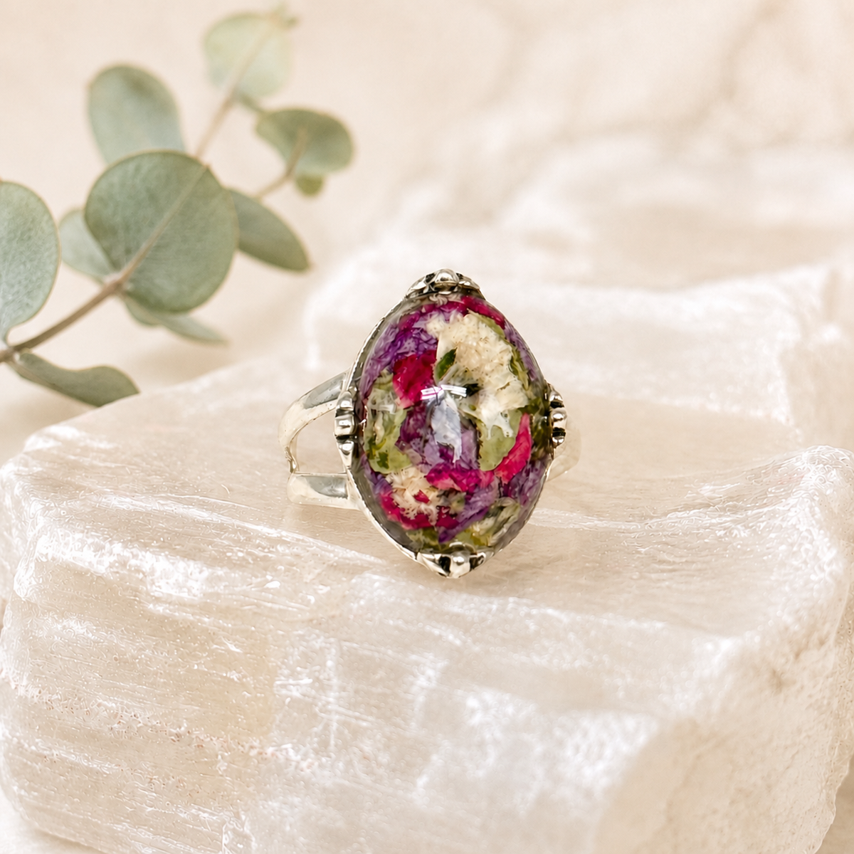 Oval Memorial Flower Ring – Sterling Silver Funeral Flower Keepsake