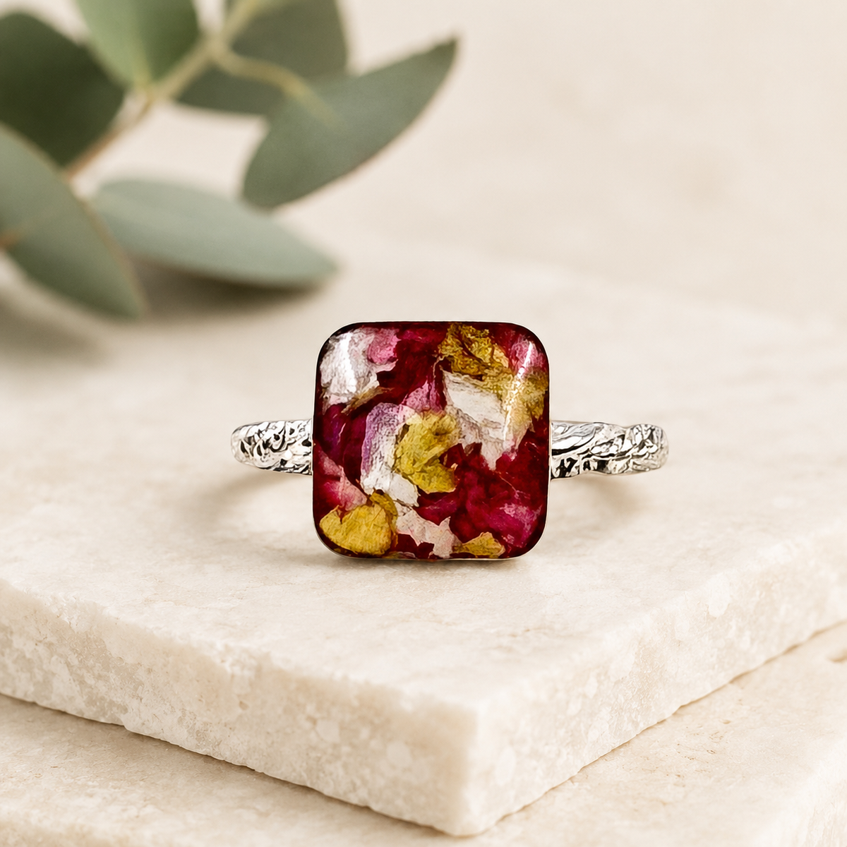 Square Memorial Flower Ring – Sterling Silver Funeral Flower Keepsake