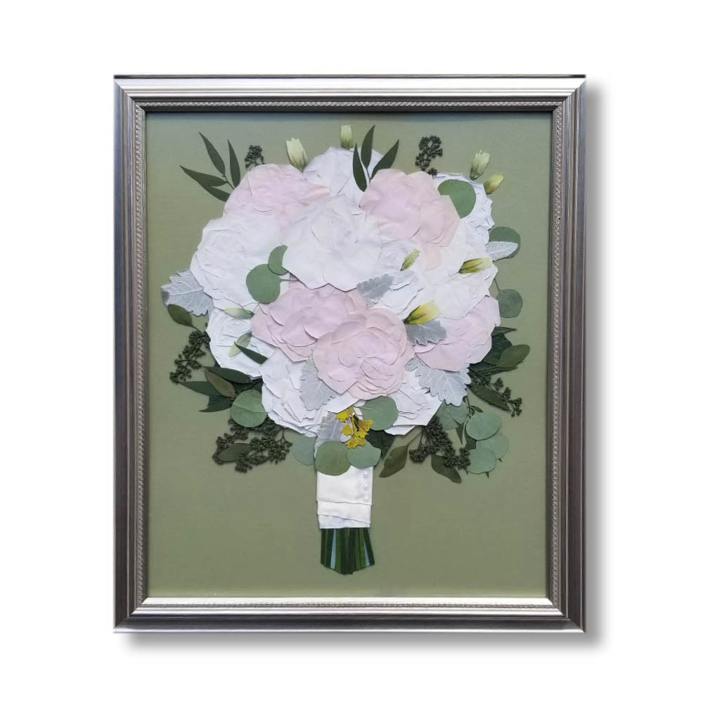 16x20 framed pressed flower keepsake featuring a bride’s cherished wedding bouquet.