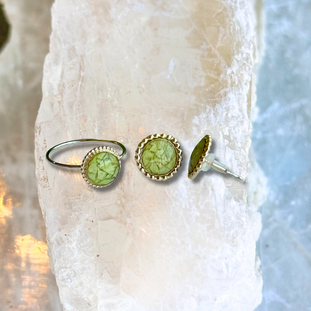 Circle of Memories Gold-Filled Jewelry Set featuring matching stud earrings and ring made with preserved flowers