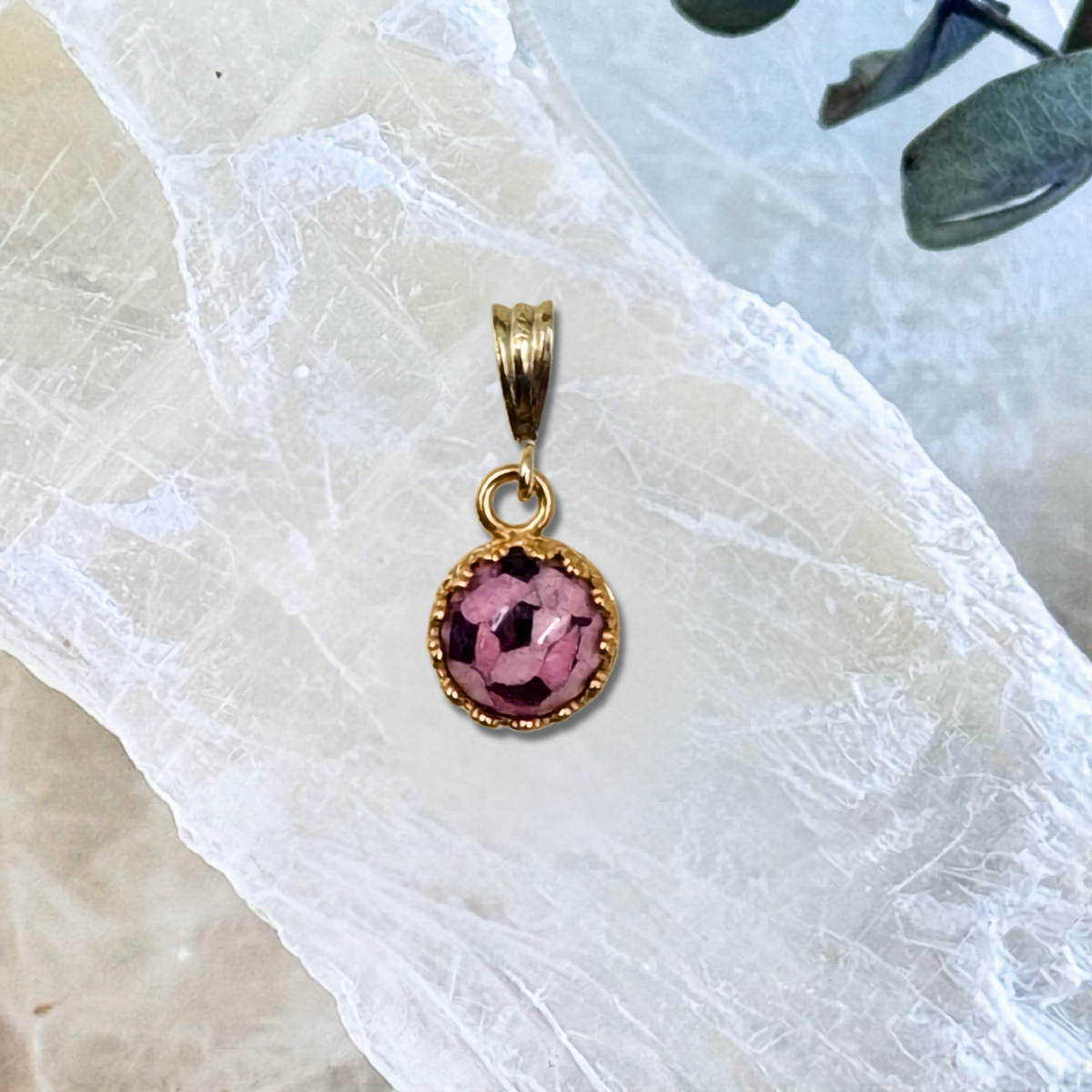 Front view of the Crown of Memories Gold Pendant handcrafted with preserved flowers in a gold-plated beaded bezel setting, creating a timeless flower preservation keepsake.