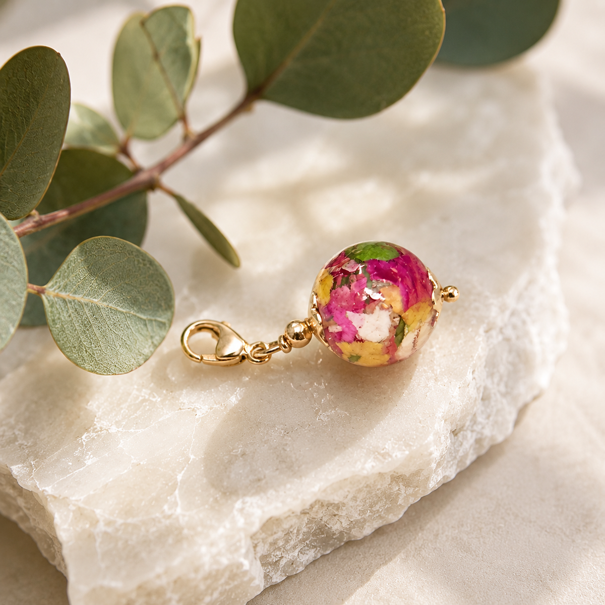 Custom Memorial Add-On BellaBead handcrafted with preserved flowers, cremation ashes, or hair in a 12mm resin keepsake bead, made in the USA.