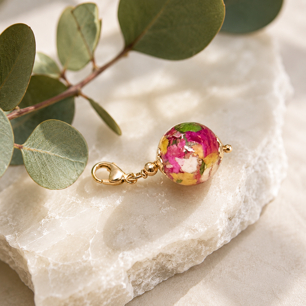 Custom Memorial Add-On BellaBead handcrafted with preserved flowers, cremation ashes, or hair in a 12mm resin keepsake bead, made in the USA.