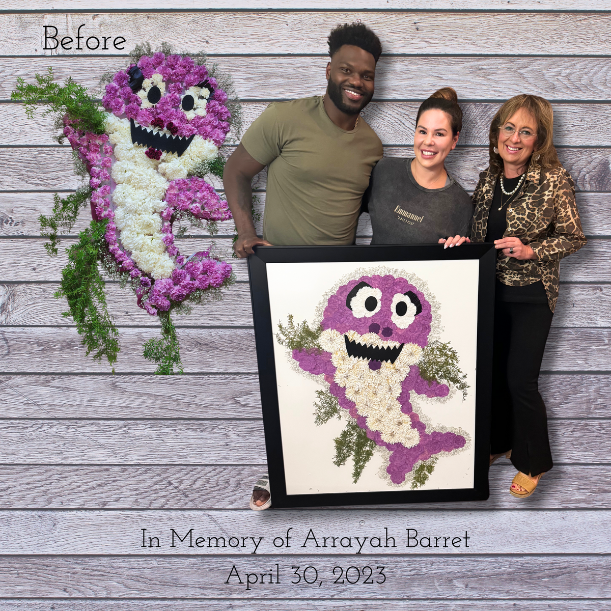 Before and after custom memorial flower artwork created from funeral flowers, transforming a child's favorite character into a one-of-a-kind pressed flower keepsake.