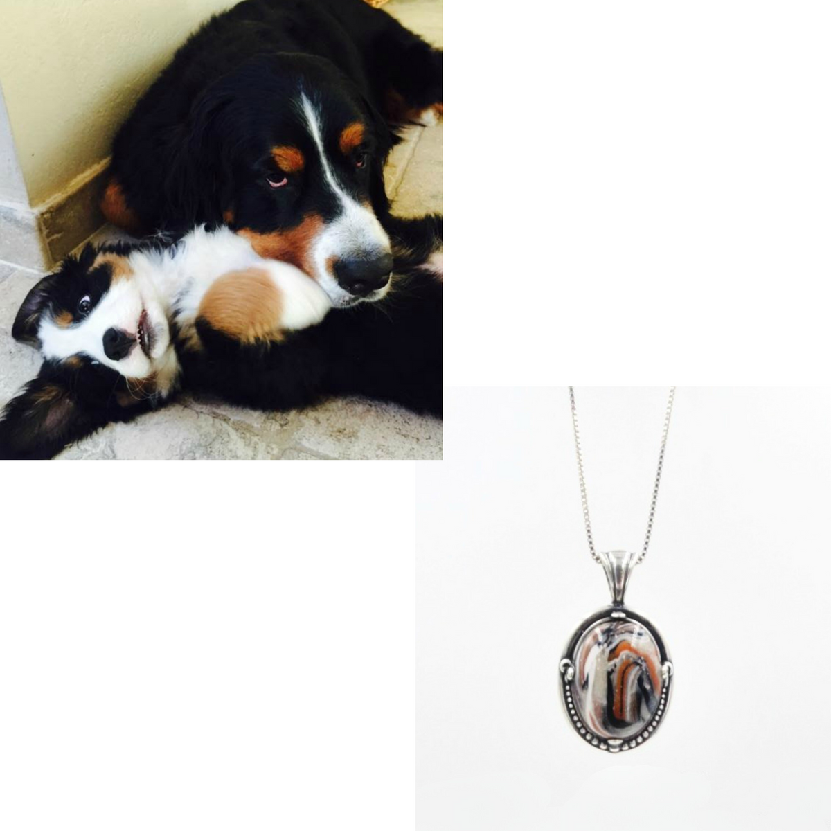 A handcrafted oval pet memorial pendant made with ashes or fur, displayed alongside the pets it was created to honor. A heartfelt keepsake for remembrance