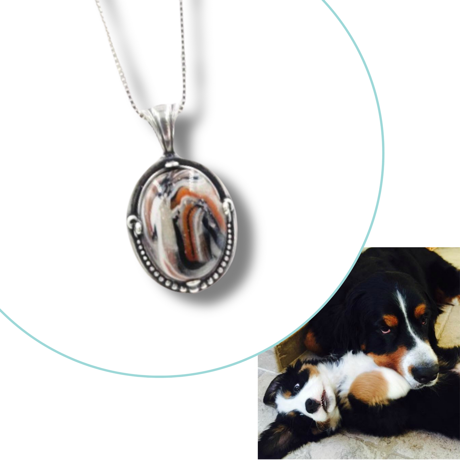 A custom-made Ellie Pet Memorial Pendant shown beside the pet it was inspired by, created using the pet’s ashes and fur for a one-of-a-kind tribute.