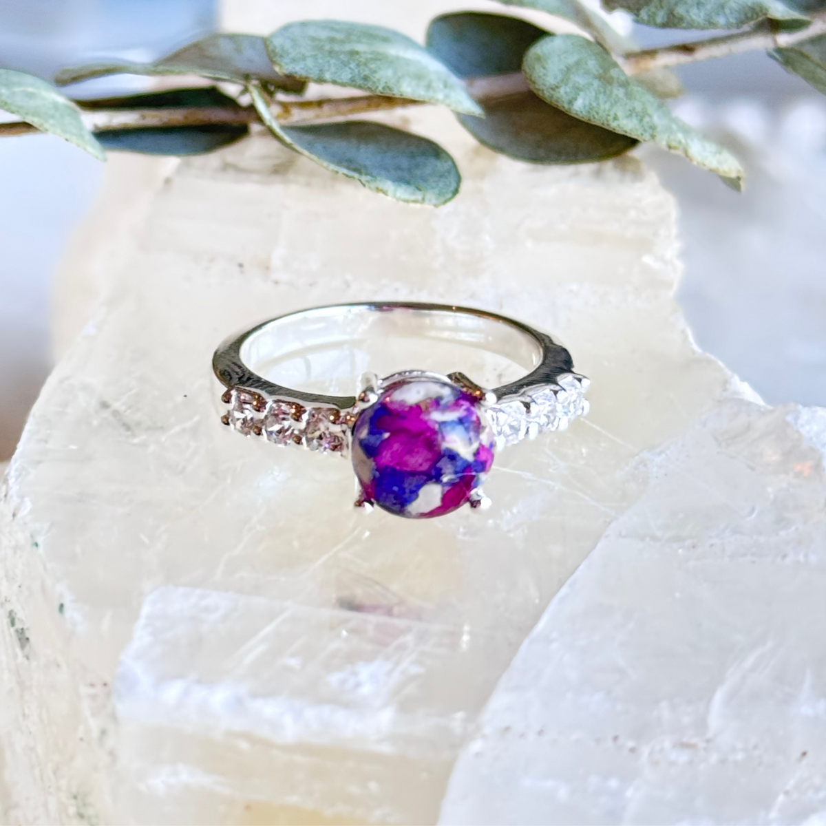 A detailed close-up of the Eternity Bloom Memorial Ring, showcasing its intricate handcrafted stone infused with real flowers. A meaningful keepsake for honoring loved ones.