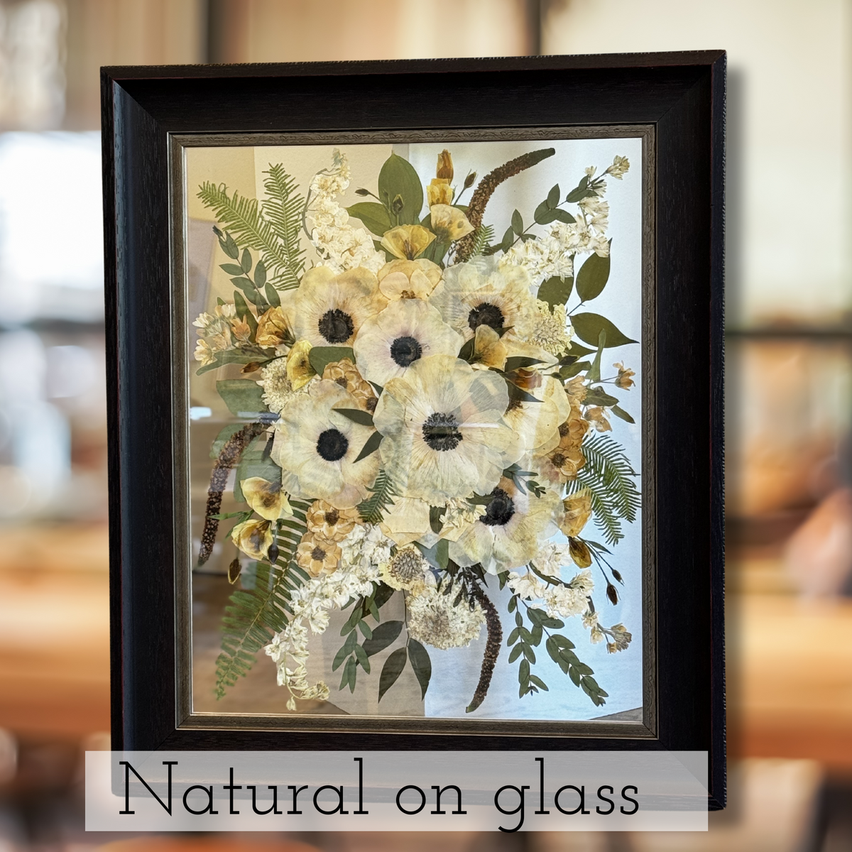 16x20 pressed flowers floating on glass, creating an elegant, airy keepsake design with preserved blooms.