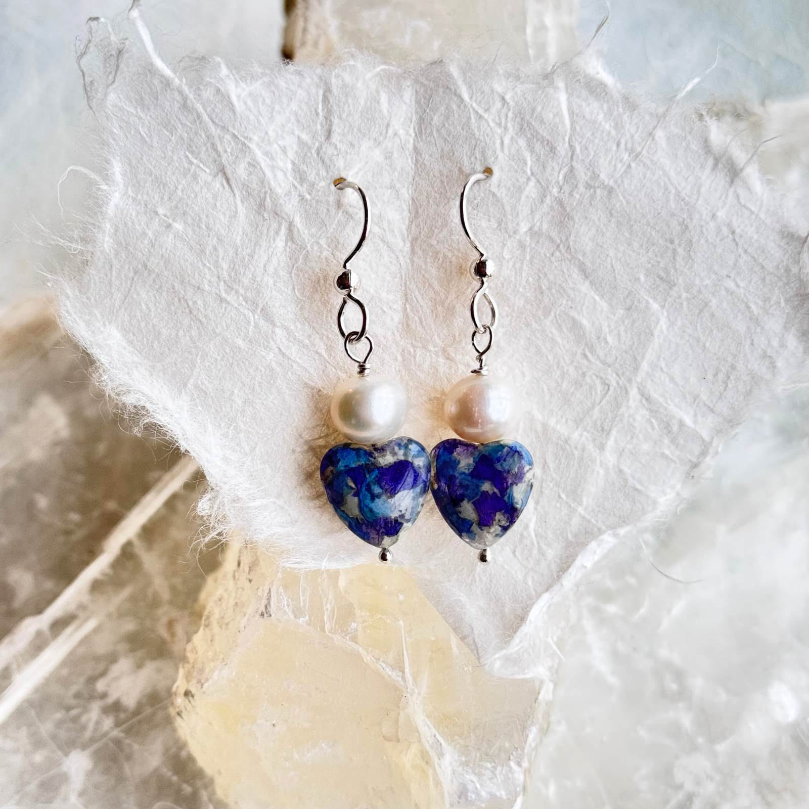 Forever Heart and Pearl Earrings with preserved flowers and pearl accents - Front View