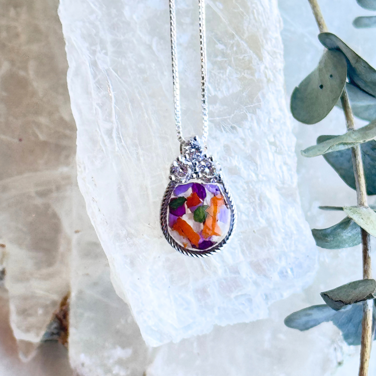 Sterling silver Forever in My Heart Pendant made with preserved flowers - Front View