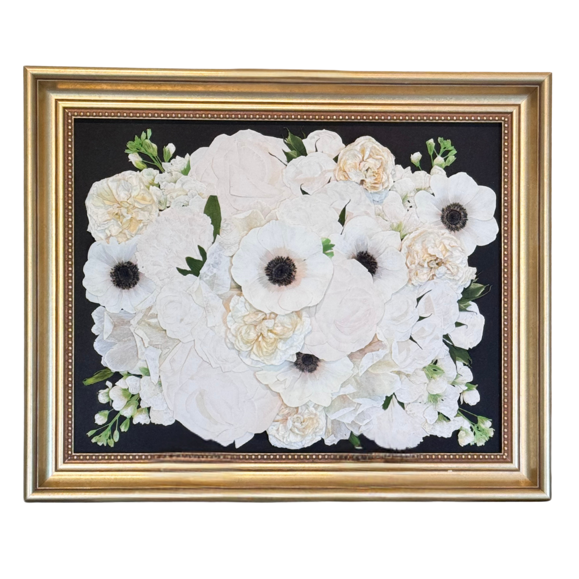 Custom 11x14 pressed flower frame featuring preserved white wedding bouquet with gold frame on black background