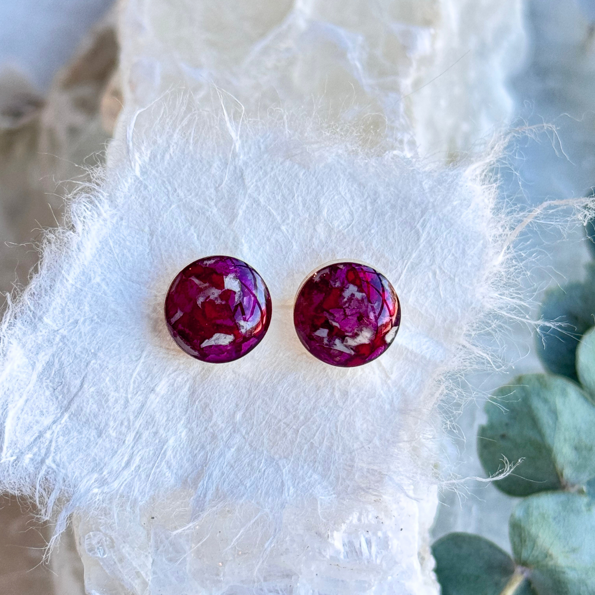  Gold Blossom Stud Earrings made with preserved flowers - Front View