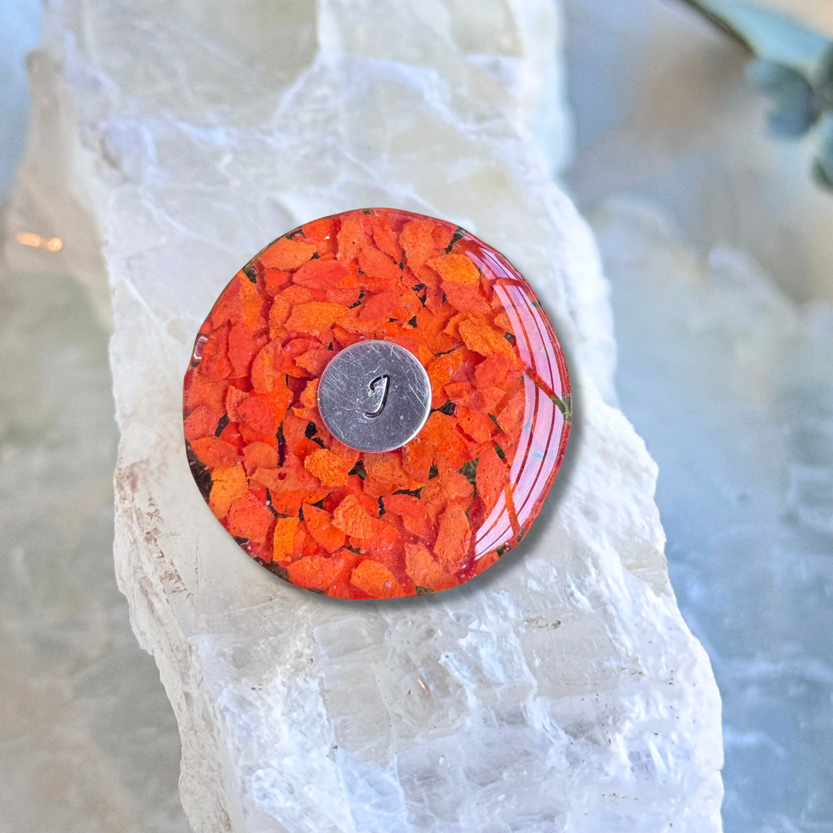 Golf ball marker made with orange roses for a Clemson fan