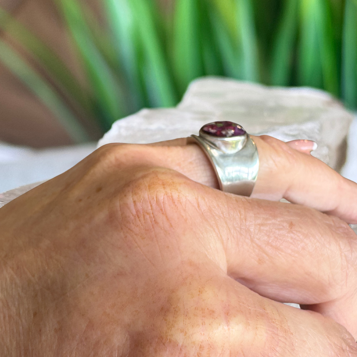 Side profile of the Heritage Keepsake Ring showing the sculpted concave sterling silver band and 10mm round keepsake setting.