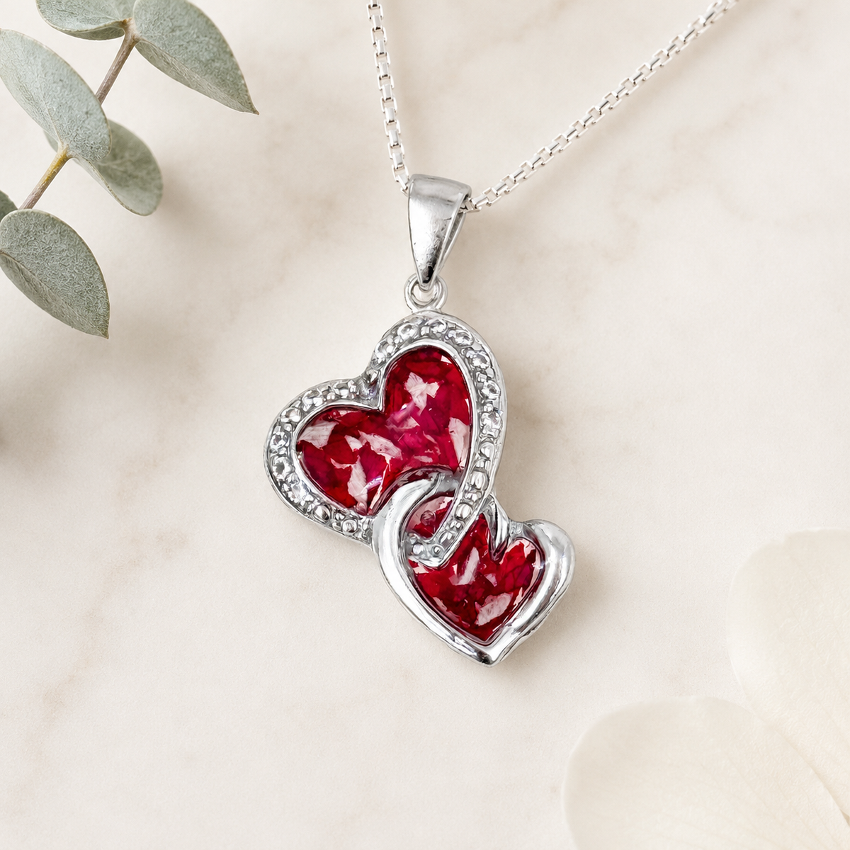 Keep Me in Your Heart Memorial Pendant handcrafted with preserved wedding flowers or funeral flowers in sterling silver, creating a custom memorial keepsake necklace.
