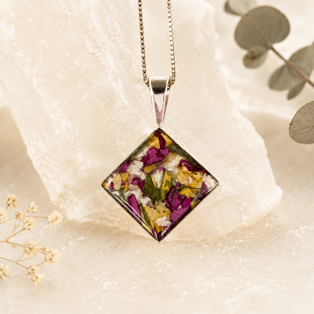 Keepsake Diamond Pendant handcrafted with preserved wedding flowers or funeral flowers, creating a custom memorial necklace with real flowers, ashes, or hair in a modern diamond-shaped design.
