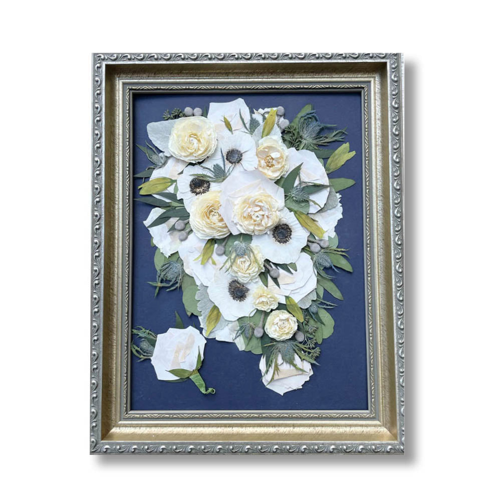 11x14 framed pressed flower art with white and cream roses and anemones on navy background in ornate gold frame – custom design from 15 years ago