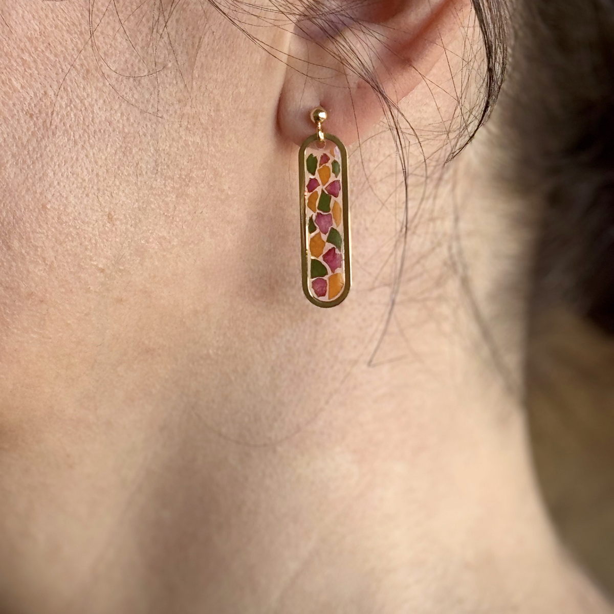 Extra close-up of Lily Lane Earrings showing floral design and gold accents