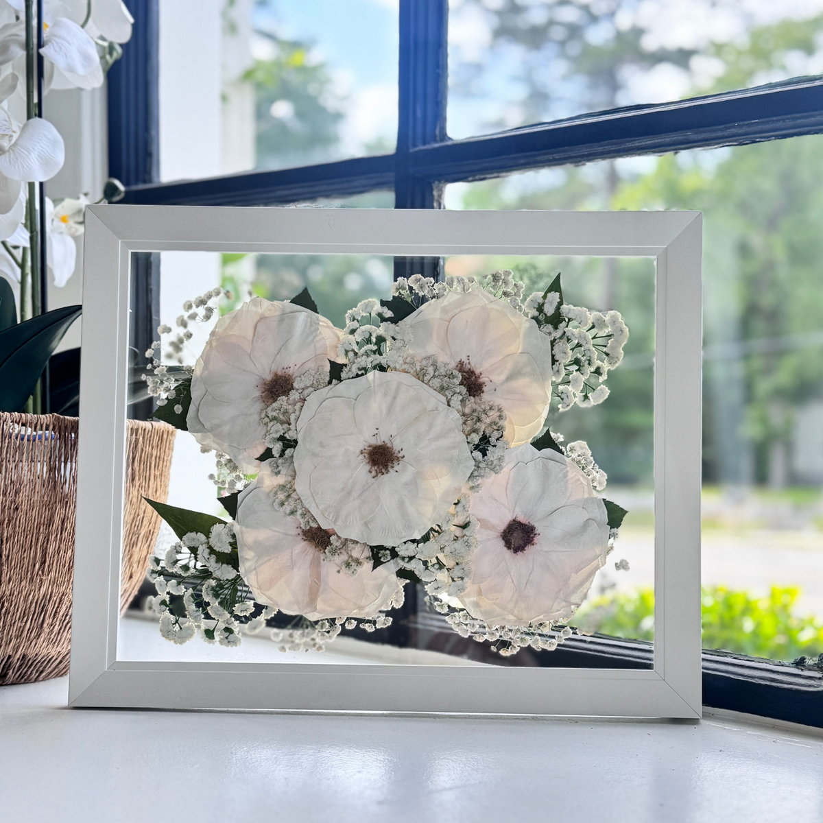 Floating 11x14 pressed flower art with white anemones and baby’s breath in white frame on glass, styled with natural light by window