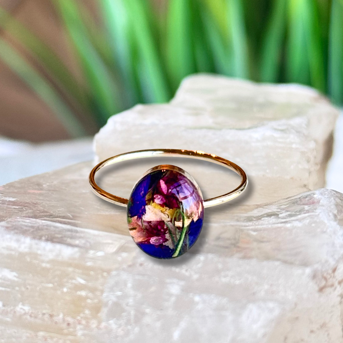 Luna Bloom Ring featuring a handcrafted oval keepsake setting made from preserved flowers in a delicate gold-filled ring.