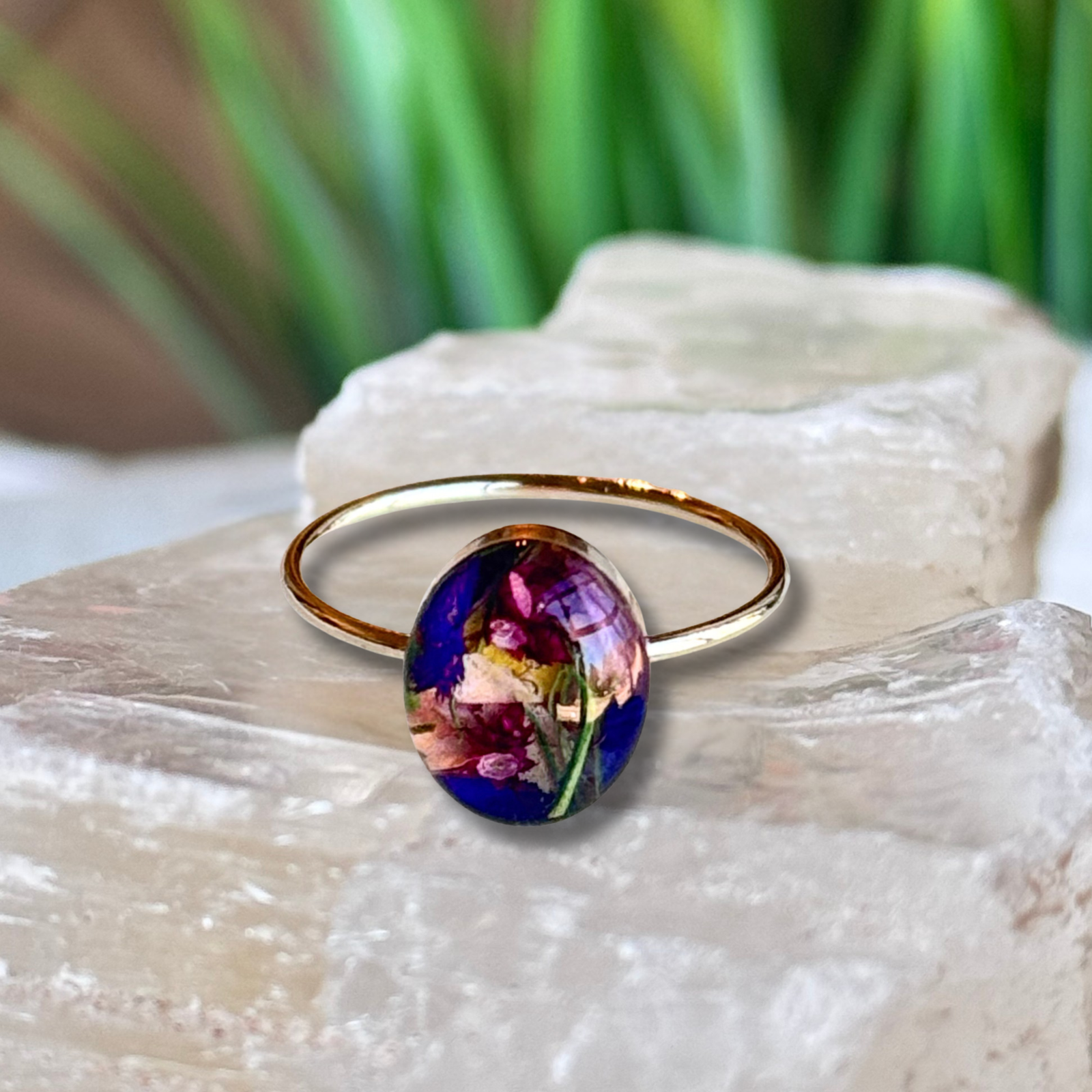 Luna Bloom Ring featuring a 12x10mm oval keepsake setting handcrafted from preserved flowers in a delicate gold-filled band.