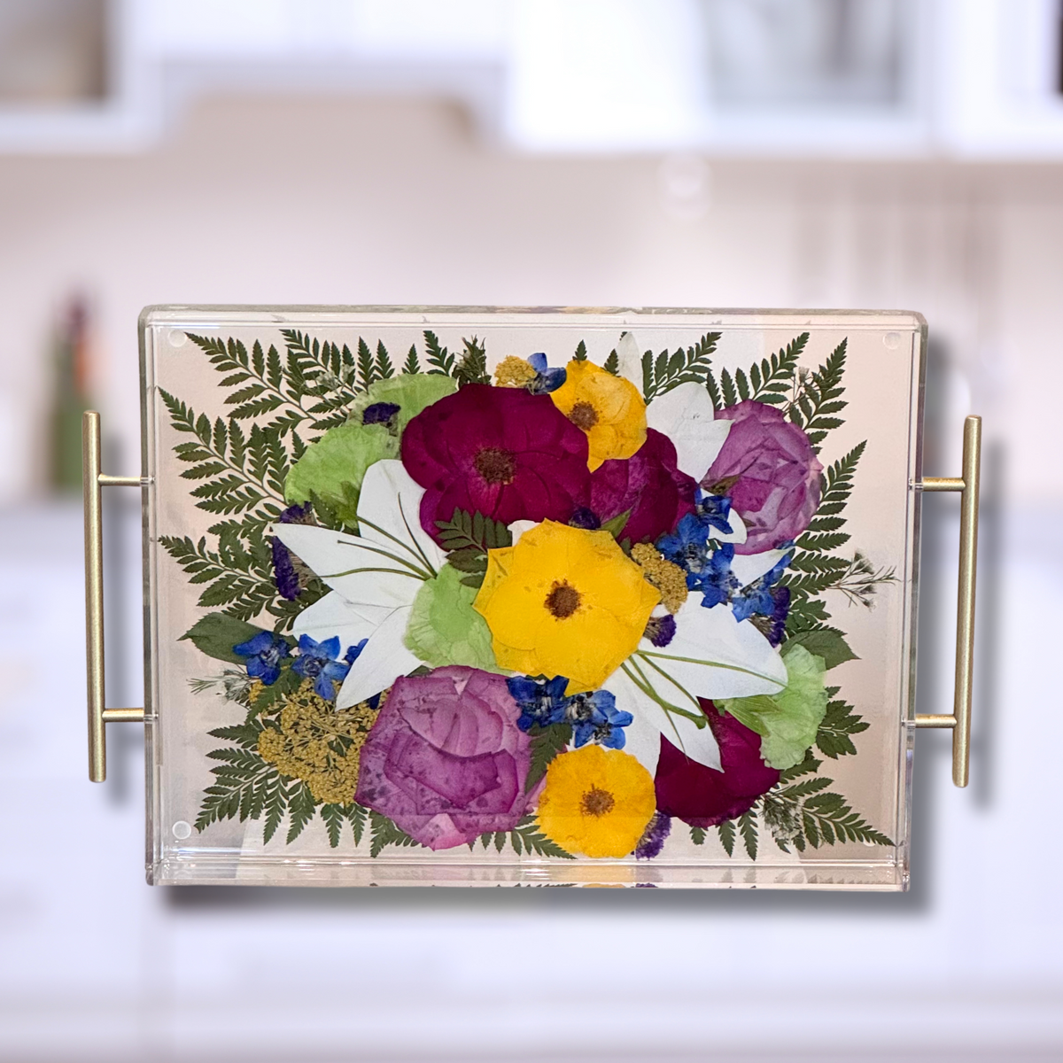 Custom acrylic tray featuring preserved funeral flowers for a timeless memorial keepsake.