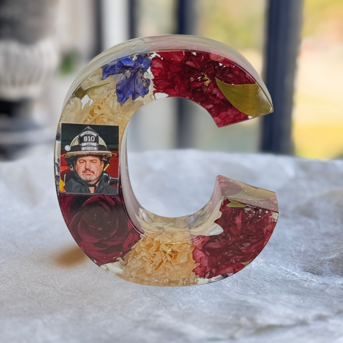 Custom resin letter C with preserved funeral flowers and photo of fallen hero, tribute keepsake for remembrance and honor